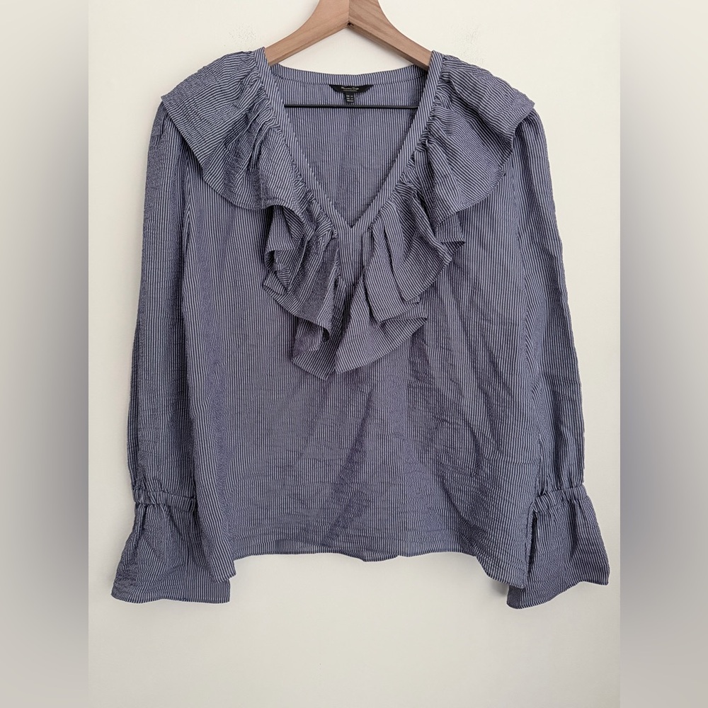 Massimo Dutti navy blue striped Ruffled Blouse Long Sleeve Textured V neck XS